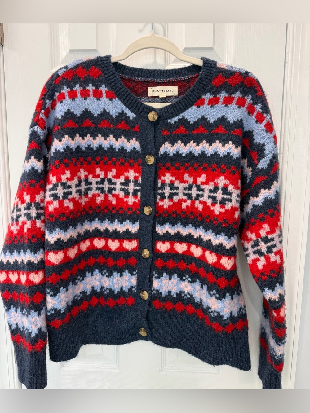 Lucky Brand Navy, Red & Light Blue Fair Isle Cardigan